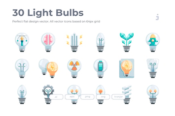 30 Light Bulbs Icons - Flat