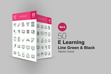 50 E Learning Green & Black Line Icons