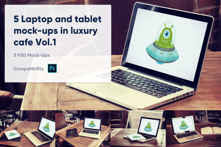 5 Laptop and tablet mock-ups in cafe Vol. 1