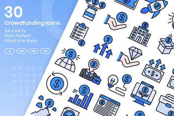 30 Crowdfunding Icons Set - Filled Line