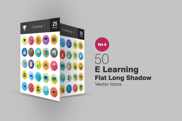 50 E Learning Flat Shadowed Icons