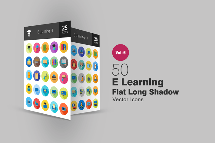 50 E Learning Flat Shadowed Icons