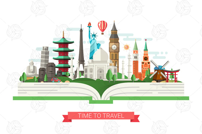 Travel Banner with World Famous Landmarks on Book