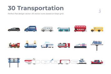 30 Transportation Icons - Flat