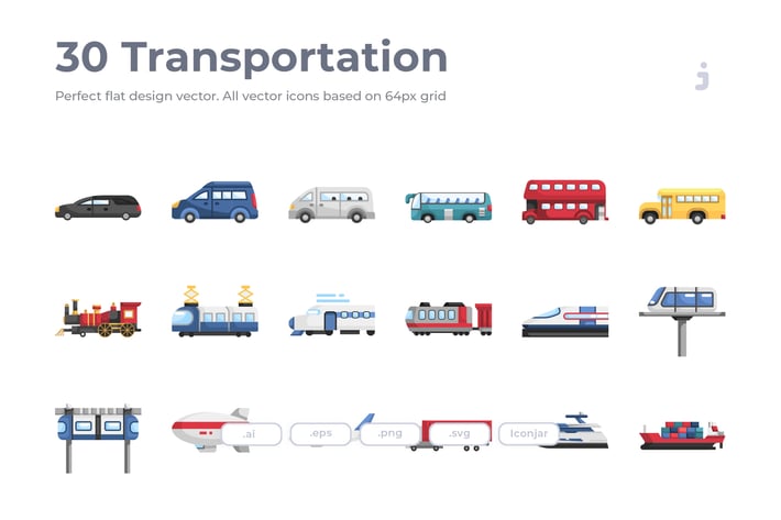 30 Transportation Icons - Flat