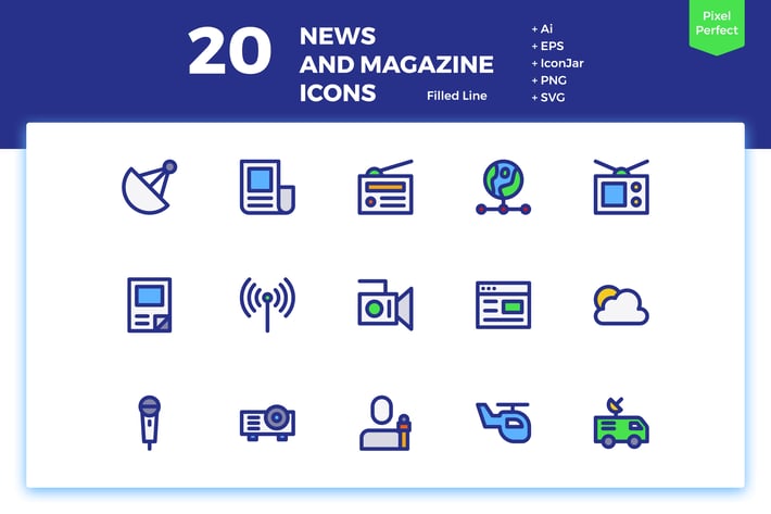 20 News and Magazine Icons (Filled Line)