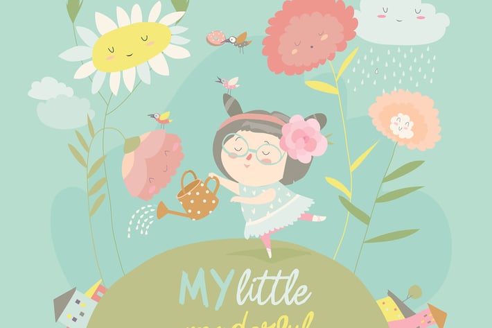 Pretty girl watering flower. Vector cartoon 