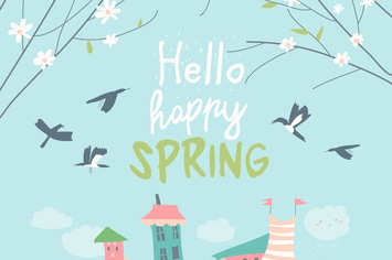 Cute little town in blossom trees. Hello spring. 