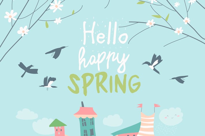 Cute little town in blossom trees. Hello spring. 