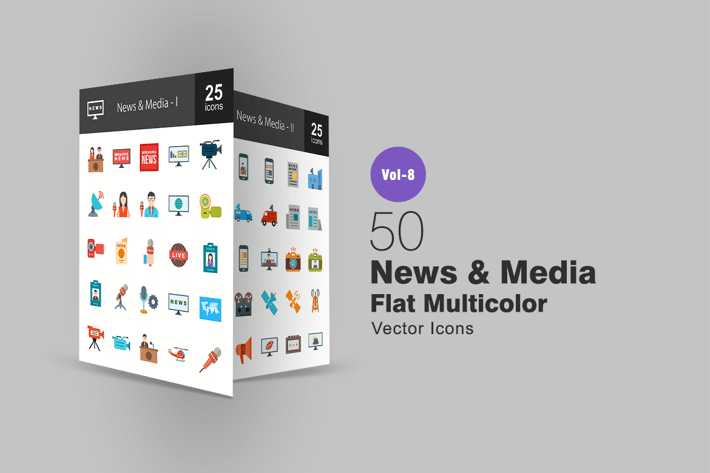 50 News & Media Flat Multi-color Icons