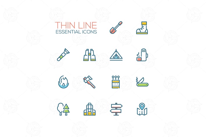Camping - modern vector thin line icons set