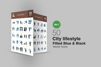 50 City Lifestyle Blue & Black Icons