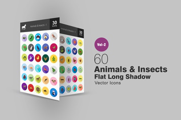 60 Animals & Insects Flat Long Shadow Icons