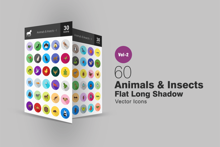 60 Animals & Insects Flat Long Shadow Icons