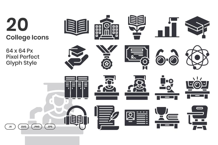 20 College Icons Set - Glyph