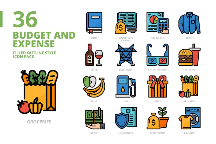 Budget and Expense Filled Outline Style Icon Set