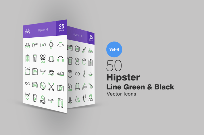 50 Hipster Line Green & Black Icons