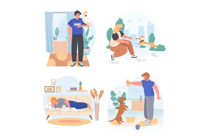 Pets With Their Owners Concept Scenes Set