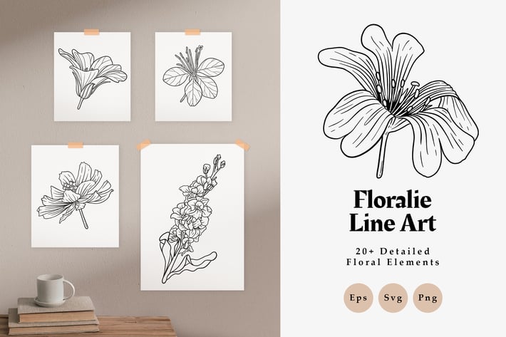 20+ Floralie Detailed Floral Line Art Elements