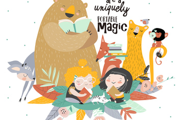 Little girls reading book with cartoon animal