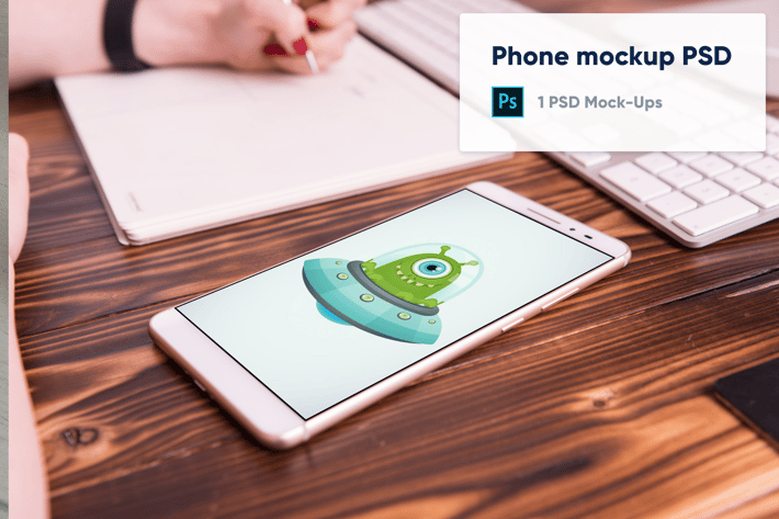 Phone on paper notebook, two hands, Mockup PSD