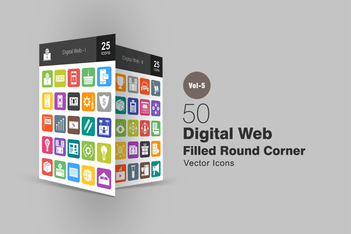 50 Digital Web Flat Round Corner Icons