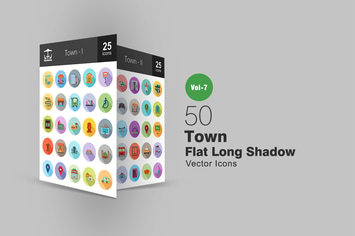 50 Town Flat Shadowed Icons