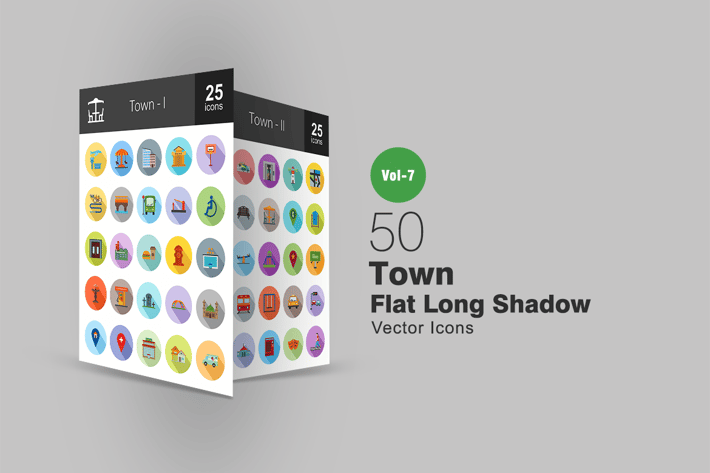 50 Town Flat Shadowed Icons