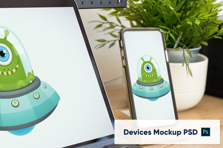 Phone in stand in home office workplace - Mockup P