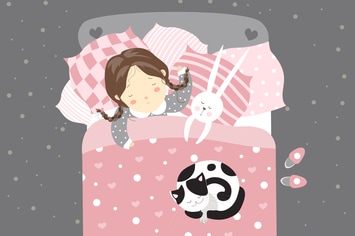 Little girl sleeping with cat. vector illustration