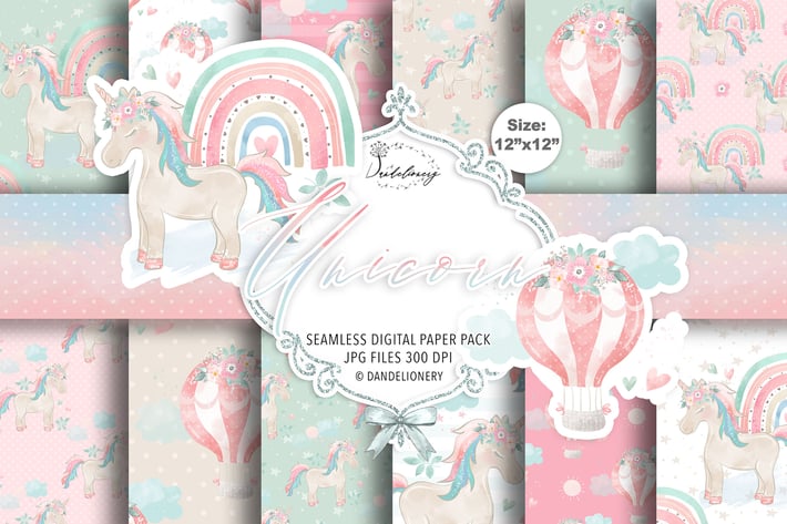 Unicorn Hot Air Balloon Rainbow digital papers