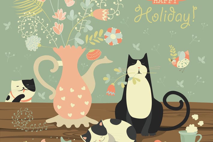 Still-life with a bouquet of flowers and cats.