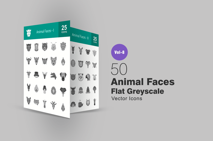 50 Animal Faces Flat Greyscale Icons