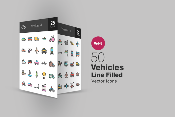 50 Vehicles Filled Line Icons