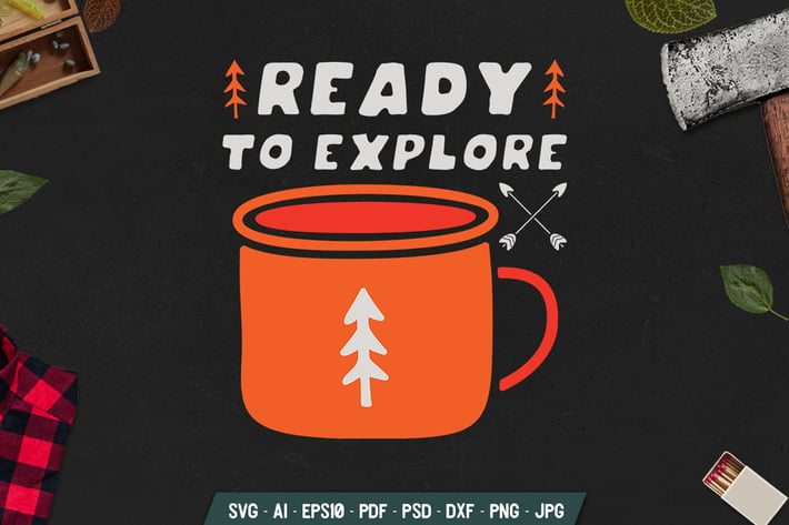 Camping Badge with Mug and Text. Vintage Emblem