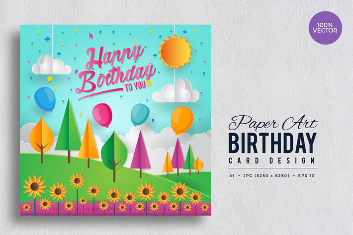 Paper Art Happy Birthday Vector Card Vol.4