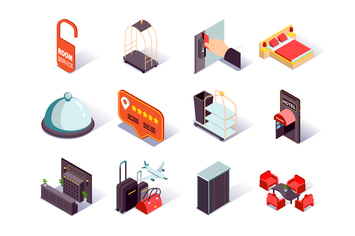 Hotel Infrastructure Isometric Icons Set