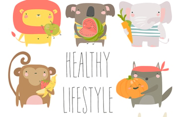 Cartoon animals holding fruits and vegetables on w