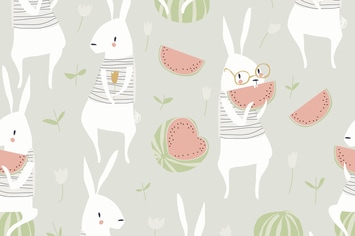 Vector seamless pattern with cute rabbits and wate