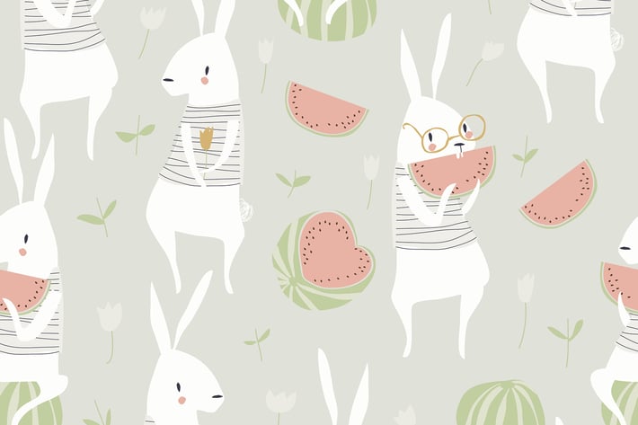 Vector seamless pattern with cute rabbits and wate