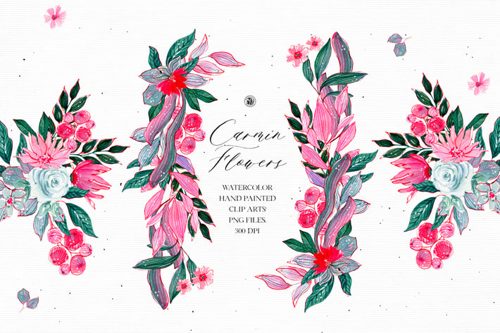 Watercolor Carmin Flowers - floral set