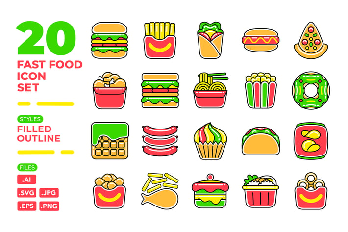 Fast Food Icon Set (Filled Outline)