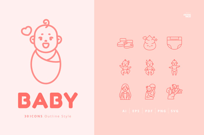 30 Icons Baby Outline Style