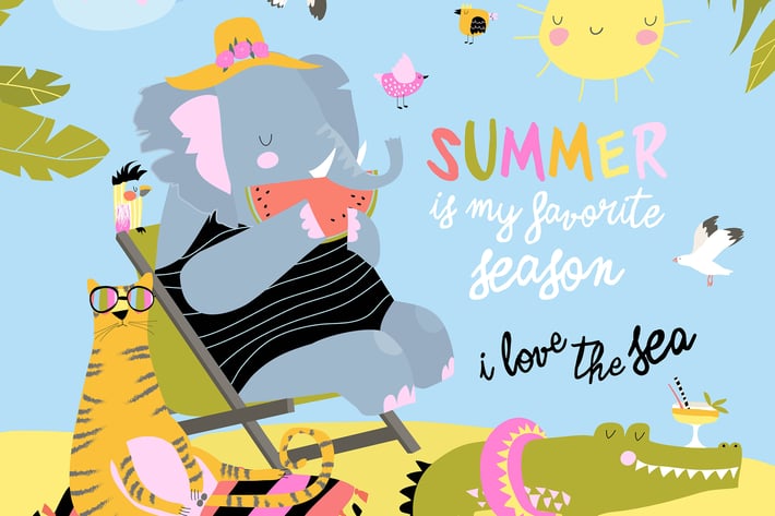 Cute cartoon animals sunbathing on beach. Hello 