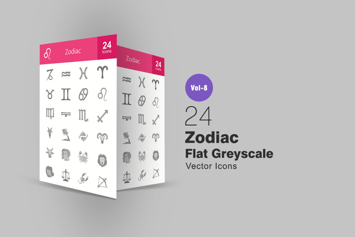 24 Zodiac Flat Greyscale Icons