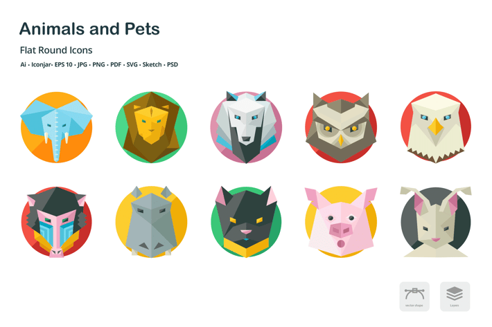 Animals and Pets Flat Round Icons