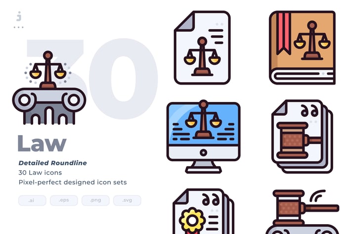 30 Law Icon set - Detailed Round line