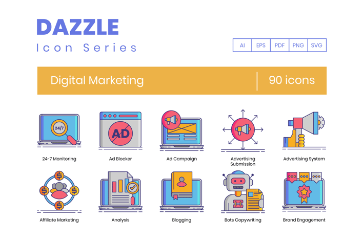 90 Digital Marketing Line Icons