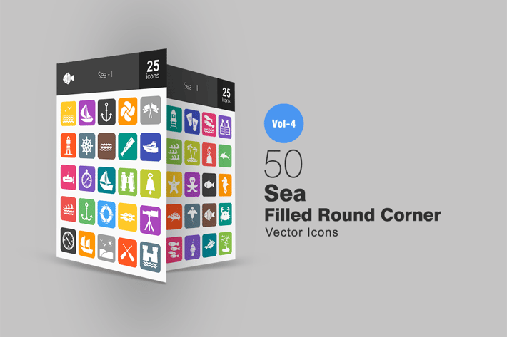 50 Sea Flat Round Corner Icons