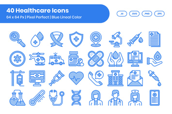 40 Healthcare Icons Set - Blue Lineal Color